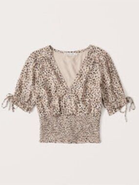 Abercrombie Tie-Sleeve Smocked Waist Top Tan Pattern Size XS
